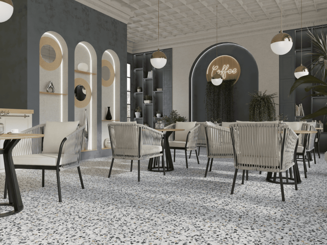 Керамогранит ПИАСТРЕЛЛА TB610R terrazzo bianca / терраццо чипсы матовый 60x60