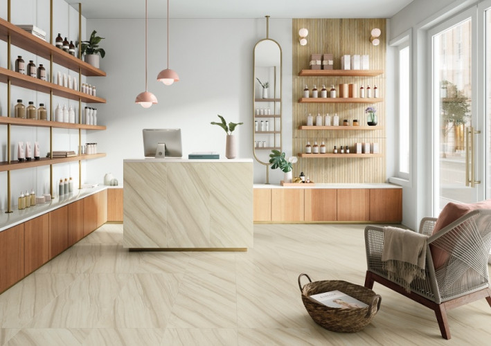 Керамогранит Колизеум ТРЕВИ БЕЖ СТУПЕНЬ Угл. ЛЕВ 33x90